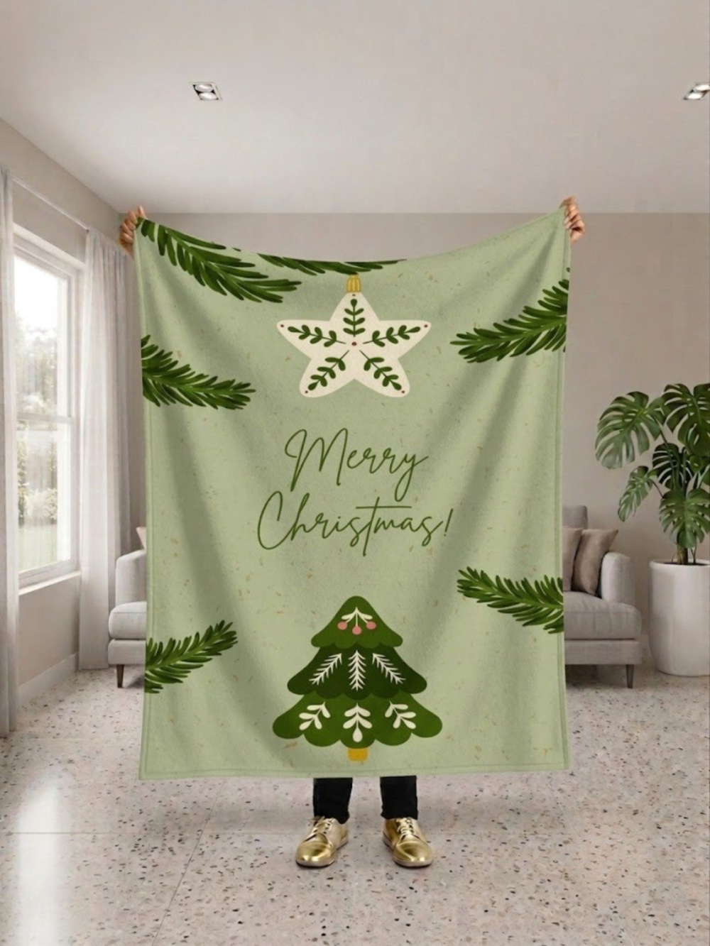 Merry Christmas Sage Green Holiday Throw Blanket